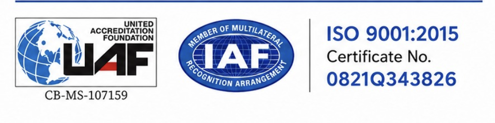 ISO 9001:2015, nomor sertifikat 0821Q343826, dengan tanda UAF dan IAF